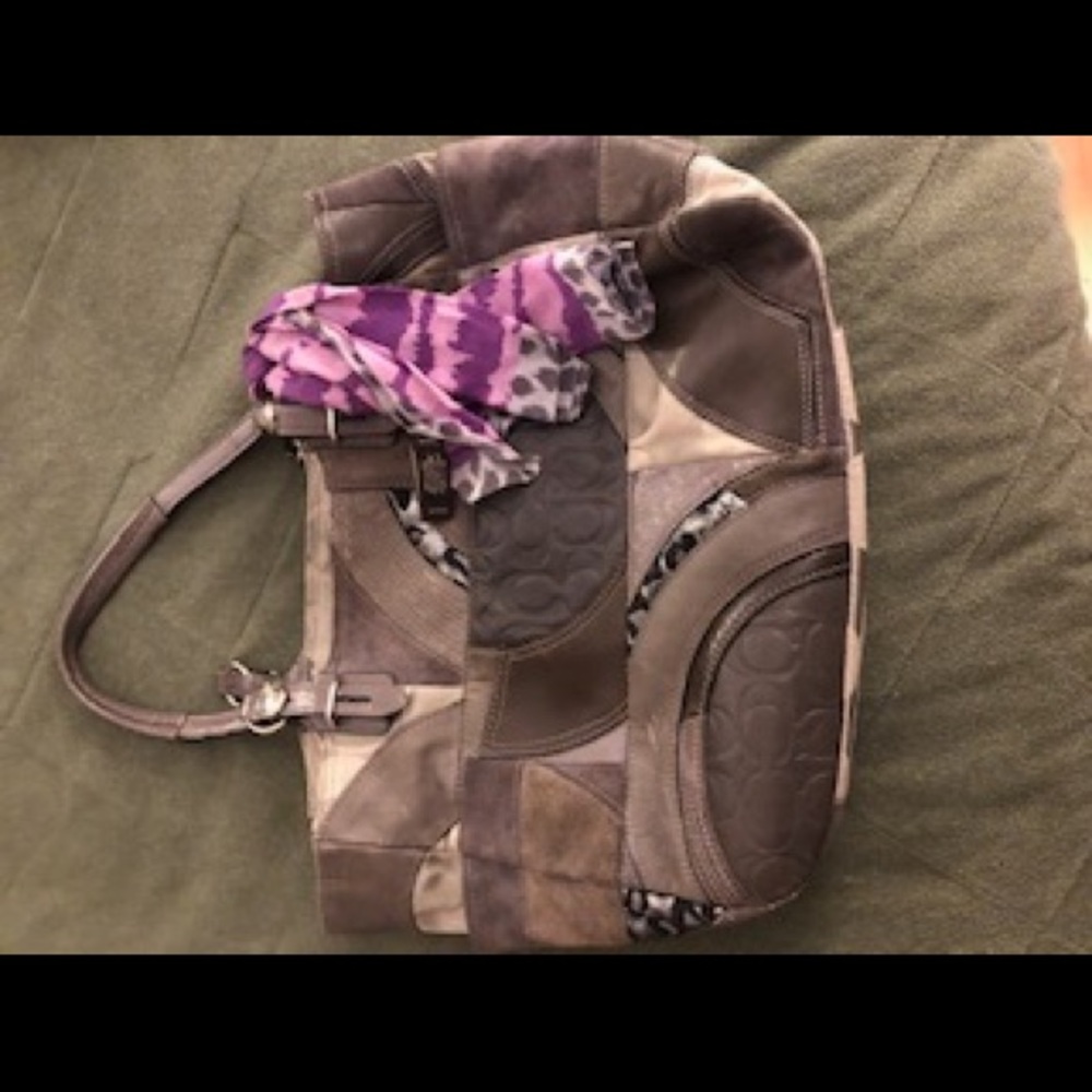 Coach grey suede, leopard scarf & leopard wallet